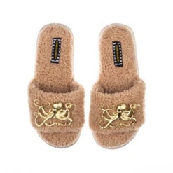 Teddy Towelling Slipper Sliders With Gold Metal Octopus Brooches