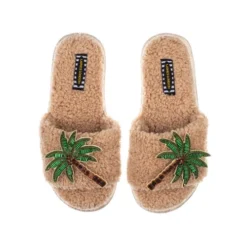 Teddy Towelling Slipper Sliders With Palm Tree Brooches