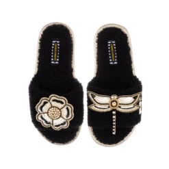 Teddy Towelling Slipper Sliders With Dragonfly & Flower Brooches