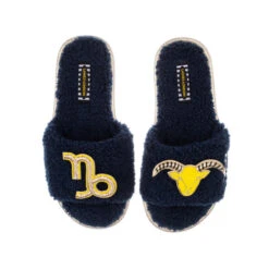 Teddy Towelling Slipper Sliders With Capricorn Star Sign Brooches