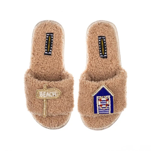 Teddy Towelling Slipper Sliders With Beach Hut & Beach Sign Brooches 1 Teddy Towelling Slipper Sliders With Beach Hut & Beach Sign Brooches