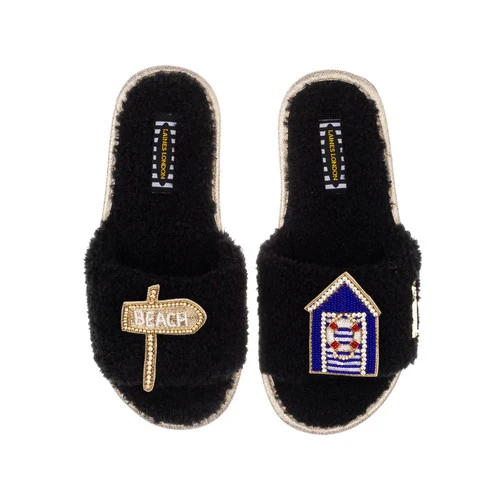 Teddy Towelling Slipper Sliders With Beach Hut & Beach Sign Brooches 2 Teddy Towelling Slipper Sliders With Beach Hut & Beach Sign Brooches - Image 2