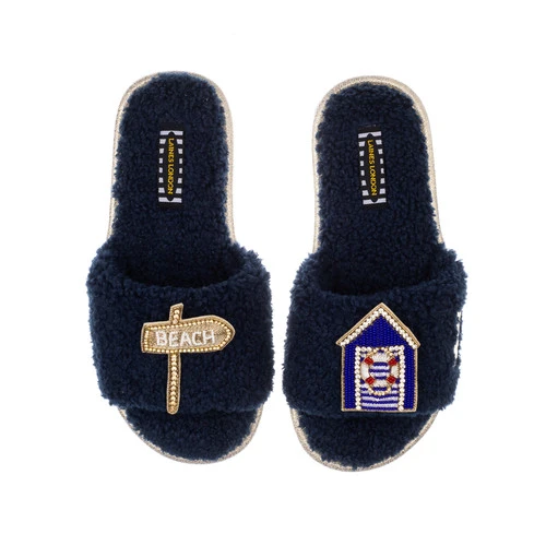 Teddy Towelling Slipper Sliders With Beach Hut & Beach Sign Brooches 3 Teddy Towelling Slipper Sliders With Beach Hut & Beach Sign Brooches - Image 3