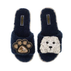 Teddy Towelling Slipper Sliders With Queenie & Paw Brooches
