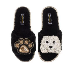Teddy Towelling Slipper Sliders With Queenie & Paw Brooches 5 Teddy Towelling Slipper Sliders With Queenie & Paw Brooches -Laines London file 2247