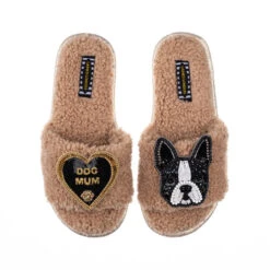 Teddy Towelling Slipper Sliders With Buddy & Dog Mum Brooches