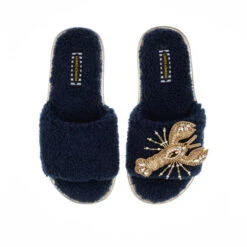 Teddy Towelling Slipper Sliders With Gold Lobster Brooch