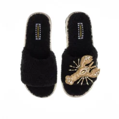 Teddy Towelling Slipper Sliders With Gold Lobster Brooch 5 Teddy Towelling Slipper Sliders With Gold Lobster Brooch -Laines London file 2256
