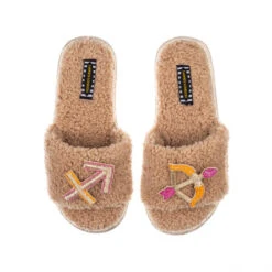 Teddy Towelling Slipper Sliders With Sagittarius Star Sign Brooches
