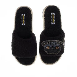 Teddy Towelling Slipper Sliders With Snoopy The Black Pug Brooch