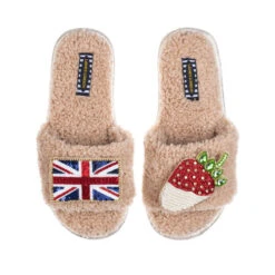Teddy Towelling Slipper Sliders With Strawberry & Union Jack Brooches