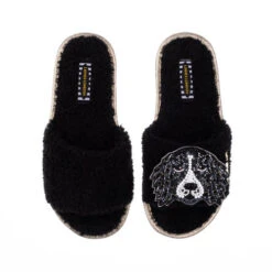 Teddy Towelling Slipper Sliders With Bentley The Black & White Spaniel Brooch