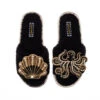 Teddy Towelling Slipper Sliders With Black & Gold Octopus & Shell Brooches