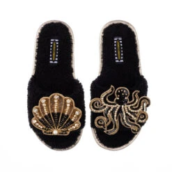 Teddy Towelling Slipper Sliders With Black & Gold Octopus & Shell Brooches