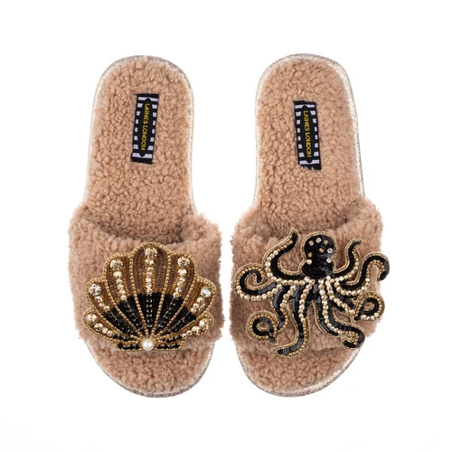 Teddy Towelling Slipper Sliders With Black & Gold Octopus & Shell Brooches 2 Teddy Towelling Slipper Sliders With Black & Gold Octopus & Shell Brooches - Image 2