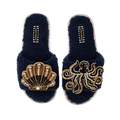 Teddy Towelling Slipper Sliders With Black & Gold Octopus & Shell Brooches 3 Teddy Towelling Slipper Sliders With Black & Gold Octopus & Shell Brooches - Image 3