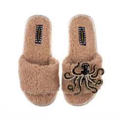 Teddy Towelling Slipper Sliders With Black & Gold Octopus Brooch