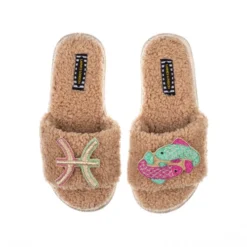 Teddy Towelling Slipper Sliders With Pisces Star Sign Brooches