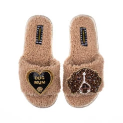 Teddy Towelling Slipper Sliders With Duke & Dog Mum Brooches