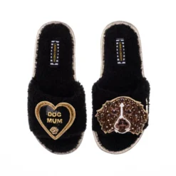 Teddy Towelling Slipper Sliders With Duke & Dog Mum Brooches -Laines London file 2310