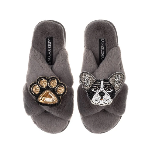 Classic Laines Slippers With Coco The Frenchie & Paw Brooches 1 Classic Laines Slippers With Coco The Frenchie & Paw Brooches