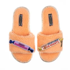Teddy Towelling Slipper Sliders With Parma Violets & Love Hearts Brooches