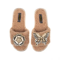 Teddy Towelling Slipper Sliders With Butterfly & Flower Brooches