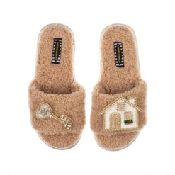 Teddy Towelling Slipper Sliders With New Home Brooches