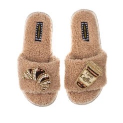 Teddy Towelling Slipper Sliders With Coffee & Croissant Brooches