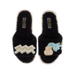 Teddy Towelling Slipper Sliders With Aquarius Star Sign Brooches