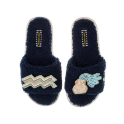 Teddy Towelling Slipper Sliders With Aquarius Star Sign Brooches -Laines London file 2361