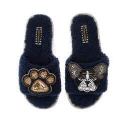 Teddy Towelling Slipper Sliders With Coco & Paw Brooches