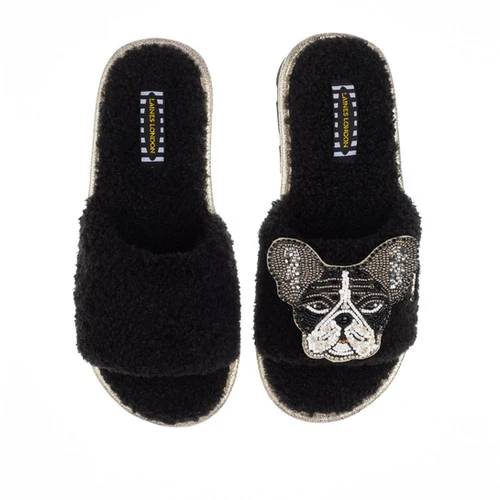 Teddy Towelling Slipper Sliders With Coco The Frenchie Brooch 1 Teddy Towelling Slipper Sliders With Coco The Frenchie Brooch
