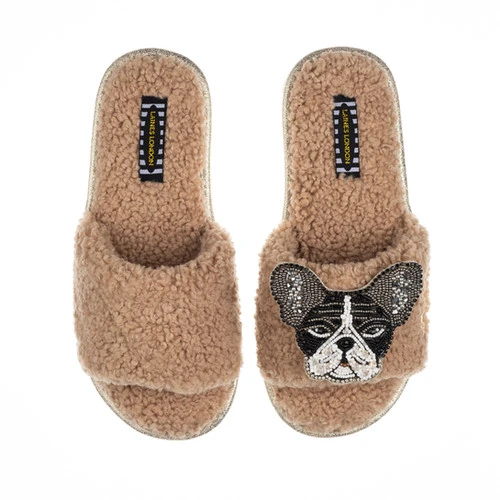 Teddy Towelling Slipper Sliders With Coco The Frenchie Brooch 2 Teddy Towelling Slipper Sliders With Coco The Frenchie Brooch - Image 2