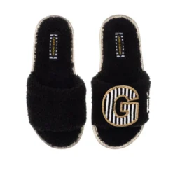 Teddy Towelling Slipper Sliders With Black & White Stripe Initial Brooch -Laines London file 2398
