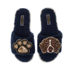 Teddy Towelling Slipper Sliders With Duke & Paw Brooches