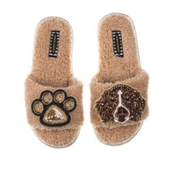 Teddy Towelling Slipper Sliders With Duke & Paw Brooches 5 Teddy Towelling Slipper Sliders With Duke & Paw Brooches -Laines London file 2401