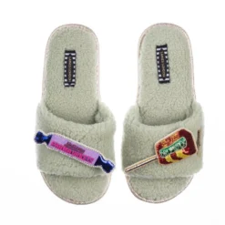 Teddy Towelling Slipper Sliders With Parma Violets & Drumstick Brooches