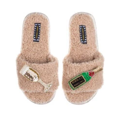 Teddy Towelling Slipper Sliders With Bubbles Darling Brooches