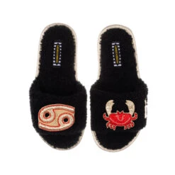 Teddy Towelling Slipper Sliders With Cancer Star Sign Brooches
