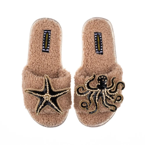 Teddy Towelling Slipper Sliders With Black & Gold Octopus & Starfish Brooches 2 Teddy Towelling Slipper Sliders With Black & Gold Octopus & Starfish Brooches - Image 2