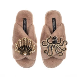 Classic Laines Slippers With Black & Gold Octopus & Shell Brooches