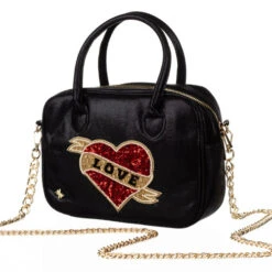 Laines London Couture Black Metallic Bag With Embellished Red Love Heart