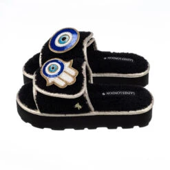 Terry Towelling Flatform Sliders With Evil Eye & Hamsa Brooches