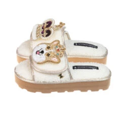 Terry Towelling Flatform Sliders With Corgi & Crown Brooches
