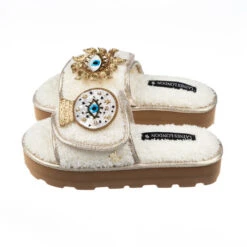 Terry Towelling Flatform Sliders With Mystic Eyes Brooches