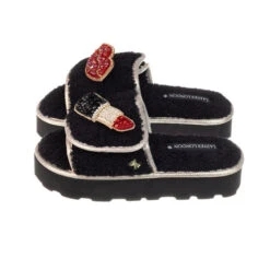 Terry Towelling Flatform Sliders With Red Pucker Up Brooches