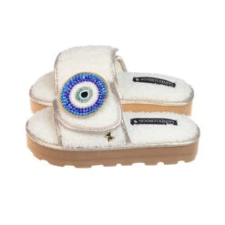 Terry Towelling Flatform Sliders With Couture Evil Eye Brooch
