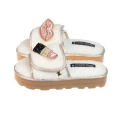 Terry Towelling Flatform Sliders With Pink Pucker Up Brooches