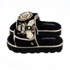 Terry Towelling Flatform Sliders With Bee & Flower Brooches